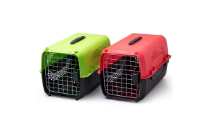 Plastic transport cage with metal door and screw assembly